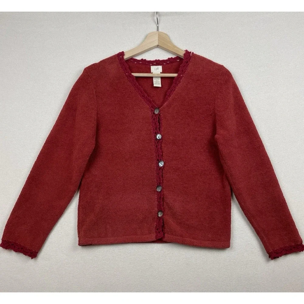 J. Jill Women's‎ Chenille Cardigan Sweater XS Holiday Crochet Trim Buttons Soft